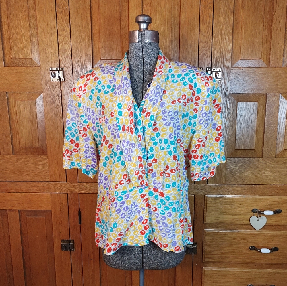 Vintage colorful dots silk draped short sleeve 90's statement blouse